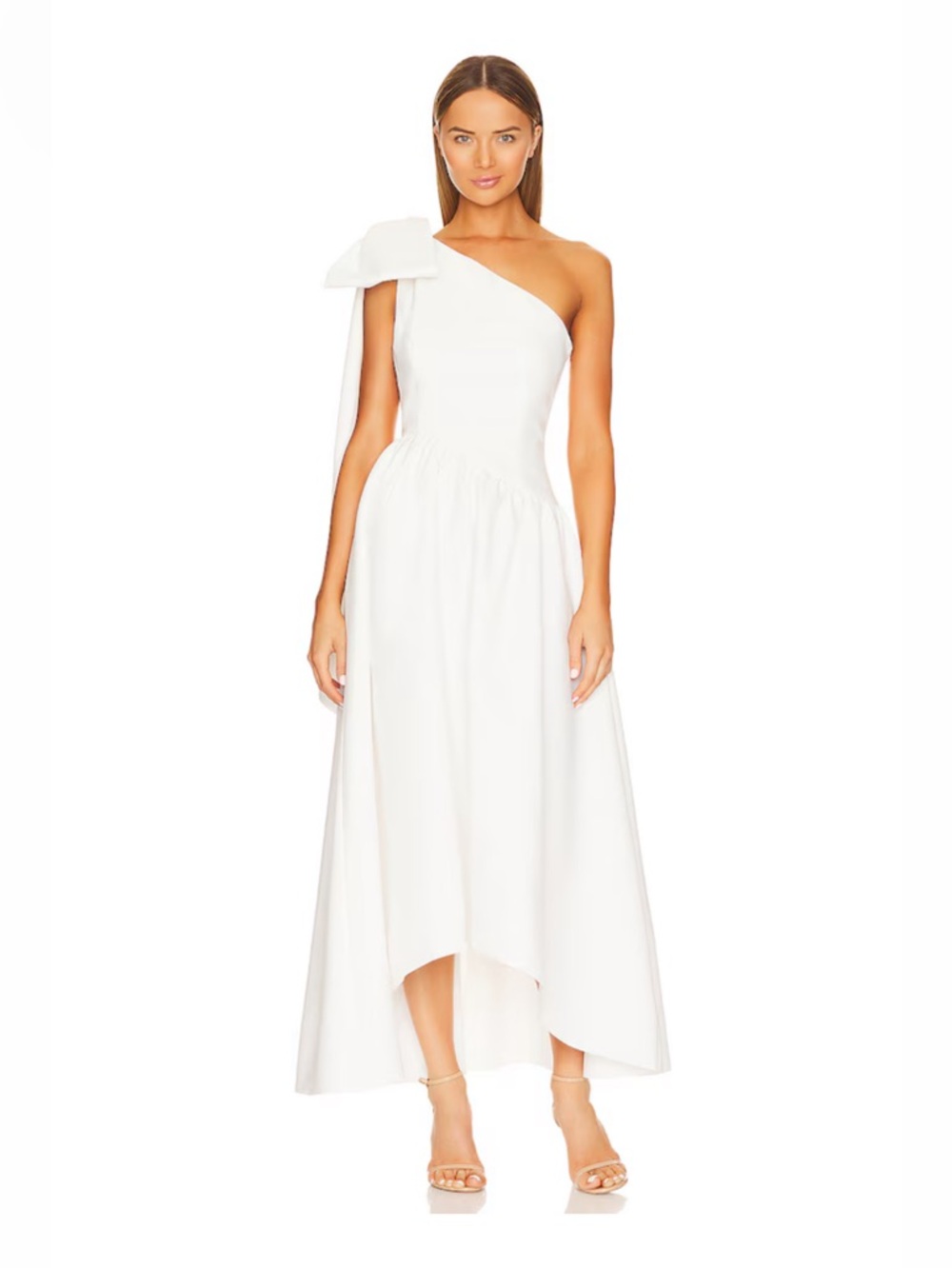 One-Shoulder White Midi Dress with Bow Accent - Liesel Dress in Ivory